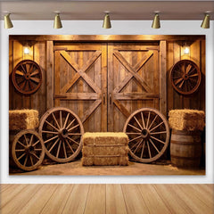Lofaris Rustikaler Holz Scheunen-Fotohintergrund mit Wagenrädern und Heuballen, Vintage Kulisse für Western-Partys und Fotoshootings