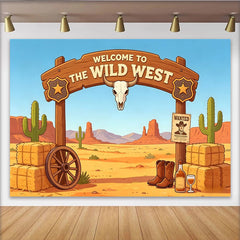 Lofaris Wildwest-Fotohintergrund mit Cowboy-Stiefeln und Kaktus, Wüstenlandschaft Kulisse für Westernparty und Fotoshooting