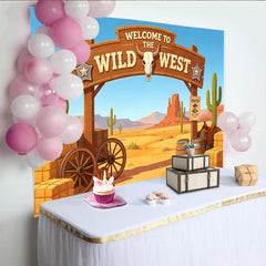 Lofaris Wildwest Wüstenlandschaft Fotohintergrund mit Kaktus Holzschild und Stierschädel, rustikale Kulisse für Cowboy Party oder Fotoshooting