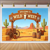 Lofaris Wildwest Wüstenlandschaft Fotohintergrund mit Kaktus Holzschild und Stierschädel, rustikale Kulisse für Cowboy Party oder Fotoshooting