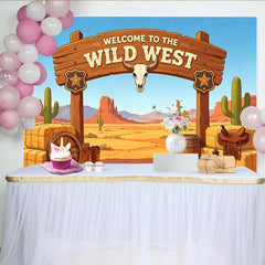Lofaris Wildwest Fotohintergrund mit Kaktus, Cowboy-Stiefeln und Wüstenlandschaft, authentische Kulisse für Fotoshooting und Partydekoration