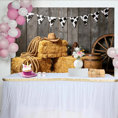 Lofaris Rustikaler Western Bauernhof Hintergrund mit Heuballen und Cowboyhut, Kuhflecken Fotowand für Fotoshooting und Partydekoration