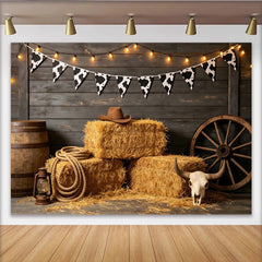 Lofaris Rustikaler Western Fotohintergrund mit Kuhflecken und Strohballen, Altes Holz Hintergrundbild für Fotoshooting und Eventdekoration