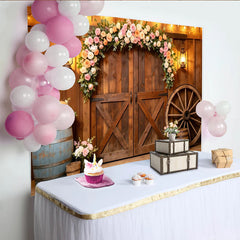 Lofaris Romantischer Blumenbogen Scheunentor Fotohintergrund für Hochzeit, rustikale Holzkulisse mit Lichterketten für Fotoshooting Events