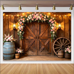 Lofaris Rustikaler Blumenhintergrund mit Holzscheunentüren und elegantem Bogen, romantische Kulisse für Hochzeitsfotos und Eventdekoration