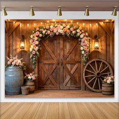 Lofaris Rustikaler Scheunen-Fotohintergrund mit Blumenbogen und Holztüren, ländliche Kulisse für Hochzeitsfotos und Events