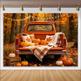 Lofaris Orangefarbener Vintage Herbst-Pickup-Hintergrund mit Kürbissen und Ahornblättern, gemütliche Fotokulisse für Erntedankfest