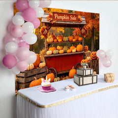 Lofaris Herbstlicher Kürbisstand Hintergrund mit geschnitzten Kürbissen, stimmungsvolle Kulisse für Halloween und Erntedankfest