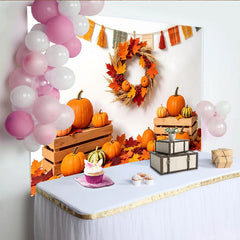 Lofaris Rustikaler Herbsthintergrund mit Kürbissen und bunten Herbstblättern, festliche Erntedank-Kulisse für Fotostudio und Partydekoration