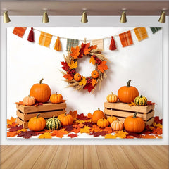 Lofaris Rustikaler Herbsthintergrund mit Kürbissen und bunten Herbstblättern, festliche Erntedank-Kulisse für Fotostudio und Partydekoration