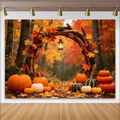 Lofaris Rustikaler Herbstlandschaft-Fotohintergrund mit Holzbogen Kürbissen und bunten Blättern, gemütliche Kulisse für Fotoshootings