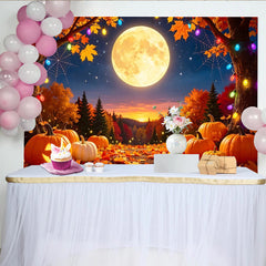 Lofaris Nächtlicher Halloween Hintergrund mit leuchtenden Kürbissen und Vollmond, bunte Lichter Herbstlaub, festliche Fotokulisse für Party