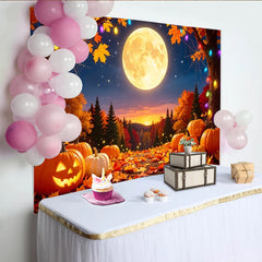 Lofaris Nächtlicher Halloween Hintergrund mit leuchtenden Kürbissen und Vollmond, bunte Lichter Herbstlaub, festliche Fotokulisse für Party