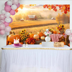 Lofaris Herbstlandschaft Hintergrund mit Kürbissen und Sonnenblumen, rustikale Scheune und goldenes Feld, Erntedankfest Fotokulisse