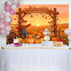 Lofaris Herbstlicher Kürbis-Patch-Hintergrund mit Vogelscheuchen und Sonnenuntergang, farbenfrohe Erntedank-Kulisse für Dekoration und Fotos