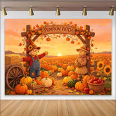Lofaris Herbstlicher Kürbis-Patch-Hintergrund mit Vogelscheuchen und Sonnenuntergang, farbenfrohe Erntedank-Kulisse für Dekoration und Fotos
