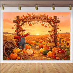 Lofaris Herbstlicher Kürbis-Patch-Hintergrund mit Vogelscheuchen und Sonnenuntergang, farbenfrohe Erntedank-Kulisse für Dekoration und Fotos