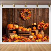Lofaris Rustikaler Herbsthintergrund mit Kürbissen und bunten Blättern, Erntedankfest Fotowand für Herbstdekoration und Fotoshooting