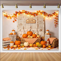 Lofaris Rustikaler Herbsthintergrund mit Kürbissen, Herbstblättern und Lichterkette, charmante Kulisse für Herbstfotoshootings und Dekoration