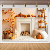 Lofaris Gemütlicher Herbsthintergrund mit Kürbissen, Herbstblättern und Kamin, rustikale Kulisse für herbstliche Fotoshootings und Dekoration