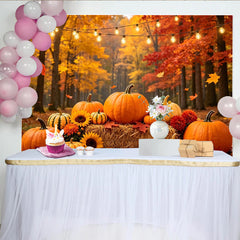 Lofaris Herbstlicher Waldhintergrund mit Kürbissen und Lichterketten, gemütliche Erntedankfestkulisse für Fotoshootings