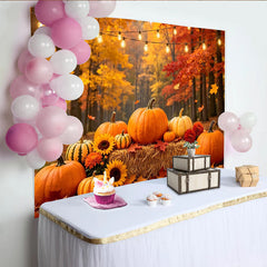 Lofaris Herbstlicher Waldhintergrund mit Kürbissen und Lichterketten, gemütliche Erntedankfestkulisse für Fotoshootings