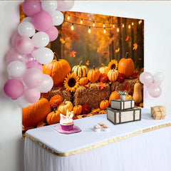 Lofaris Rustikaler Herbst-Kürbis-Fotohintergrund mit Sonnenblumen und Lichterketten, warme Erntefest Kulisse für Fotoshootings und Dekoration
