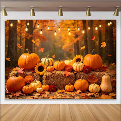Lofaris Rustikaler Herbst-Kürbis-Fotohintergrund mit Sonnenblumen und Lichterketten, warme Erntefest Kulisse für Fotoshootings und Dekoration