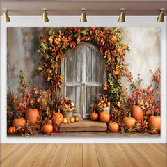 Lofaris Herbsthintergrund mit rustikaler Holztür und bunten Blättern, gemütliche Kulisse für Herbstfotoshootings und Erntedankdekoration
