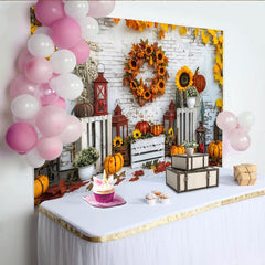 Lofaris Herbstfotohintergrund mit Kürbissen Sonnenblumen und bunten Blättern, gemütliche Kulisse für Fotoshooting und Erntedankfest