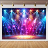 Lofaris Bunter Bühnenbeleuchtungshintergrund mit funkelnden Lichtern und Holzboden, lebendige Party Kulisse für Fotostudio Events