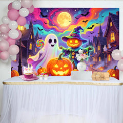 Lofaris Farbenfroher Halloween Hintergrund mit Geist und leuchtenden Kürbissen, magische Partydekoration für gruselige Feiern und Fotos