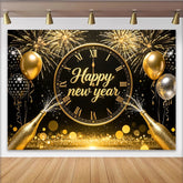 Lofaris Schwarz Gold Happy New Year Neujahrs-Hintergrund mit Feuerwerk und Uhr, glitzernde Silvesterparty Fotowand für festliche Dekoration