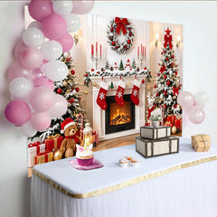 Lofaris Festlicher verschneiter Weihnachtshintergrund mit Kamin und Geschenken, ideale Fotowand für Winterparty und Fotoshooting
