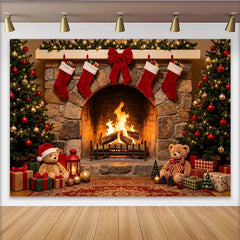 Lofaris Gemütlicher Weihnachts-Hintergrund mit Kamin und geschmückten Bäumen, festliche Fotokulisse für Familienfotos und Winterpartys