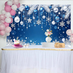 Lofaris Blauer und silberner Weihnachtshintergrund mit Schneeflocken und Kugeln, festliche Winterdekoration für Fotoshooting