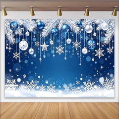 Lofaris Blauer und silberner Weihnachtshintergrund mit Schneeflocken und Kugeln, festliche Winterdekoration für Fotoshooting