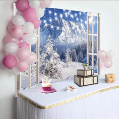 Lofaris Verschneites Fenster Hintergrund mit Lichterketten für Weihnachten, winterliche Fotowand für festliche Dekoration und Fotoshooting