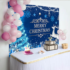 Lofaris Blauer funkelnder Weihnachts-Hintergrund mit Rentier und Geschenken, festliche Fotokulisse für Winterparty und Fotoshooting
