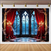 Lofaris Gothic Halloween Hintergrund mit roten Vorhängen und Fledermäusen, unheimliche Kulisse für gruselige Partys und Fotoshootings