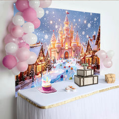 Lofaris Rosa Märchenschloss Weihnachts-Winterwunderland-Hintergrund mit Schneeflocken, festliche Kulisse für Fotoshooting und Partydekoration