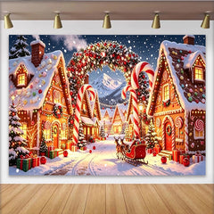 Lofaris Winterlicher Weihnachtshintergrund mit Lebkuchenhäusern und Zuckerstangen, festliche Fotokulisse für Winterwunderland