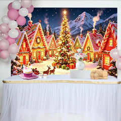 Lofaris Schneebedecktes Weihnachtsdorf Hintergrund mit Lebkuchenhäusern und Tannenbäumen, festliche Winterlandschaft Fotokulisse für Dekoration