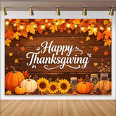 Lofaris Happy Thanksgiving Erntedankfesthintergrund mit Herbstblättern, rustikale Holzoptik Kürbisse Sonnenblumen Fotowand für Feier