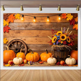 Lofaris Rustikaler Herbst Ernte Hintergrund mit Kürbissen und bunten Blättern, gemütliche Fotowand für Fotoshooting und festliche Dekoration