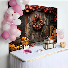 Lofaris Rustikaler Halloween-Hintergrund mit Kürbissen Spinnen und Herbstlaub, gruselige Herbstdeko Fotowand für Party und Fotoshooting