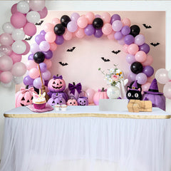 Lofaris Rosa Lila Halloweenhintergrund mit Luftballons und Kürbissen, süße Fotowand für Kinderparty und Fotoshooting