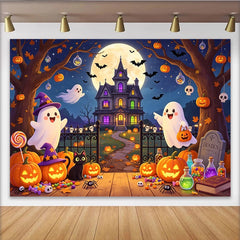 Lofaris Niedlicher Halloween Hintergrund mit Geistern Kürbissen und Spukhaus, gruselige Kulisse für Halloweenparty Fotobox Dekoration