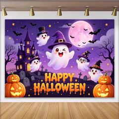 Lofaris Niedlicher Halloween Hintergrund mit Geistern Hexenhüten und Kürbissen, lila Fotowand für gruselige Partydekoration und Fotoshooting