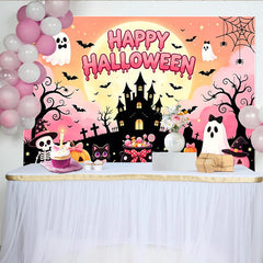 Lofaris Rosa Halloweenhintergrund mit Happy Halloween Schriftzug und Geistern, gruselige Partydekoration für Fotoshooting und Halloweenfeier